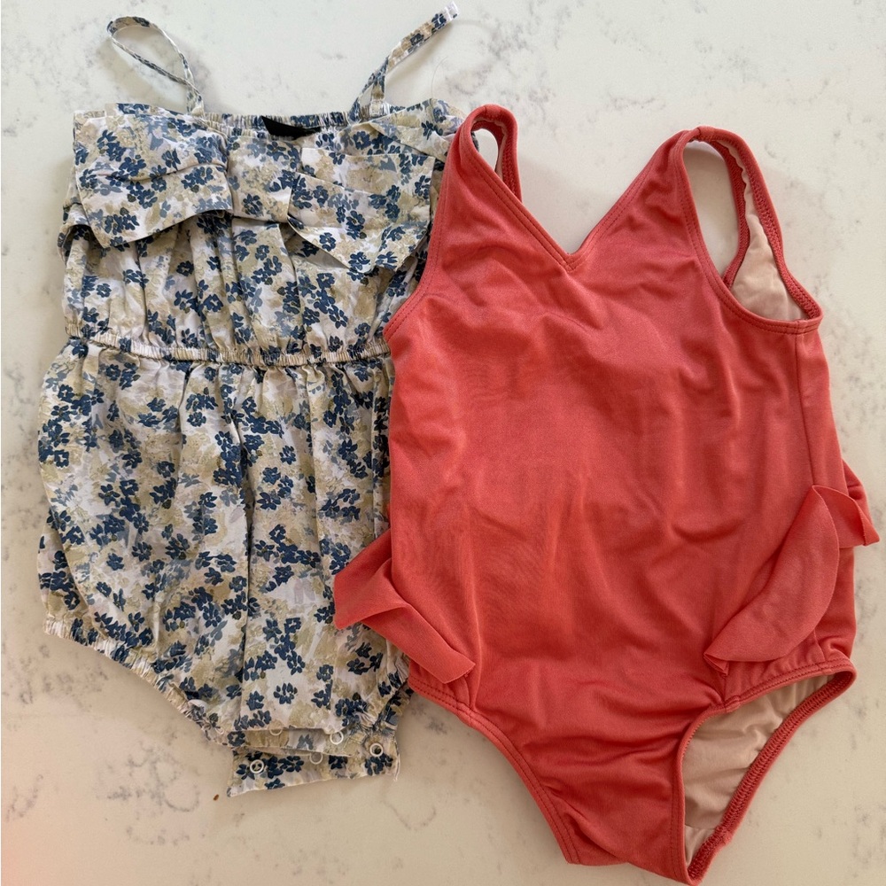 Something Navy Floral Baby Romper + Coral Shimmer Ruffle Bathing Suit - 18M